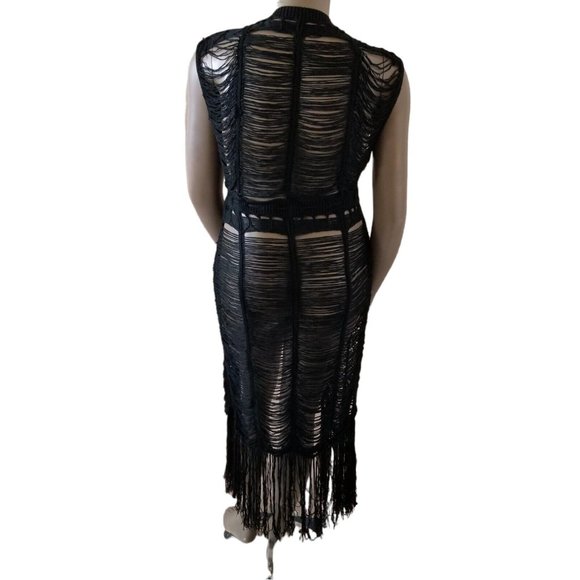 Distressed Tie Waist Short Sleeve Fringe Knit Cover Up Robe Womens XXL Black - Picture 10 of 15
